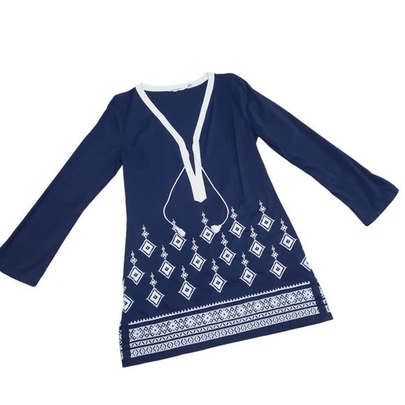 Athleta Tops - ATHLETA Desert Diamond Tunic Swim Cover Top Size Medium Navy White Embroidered